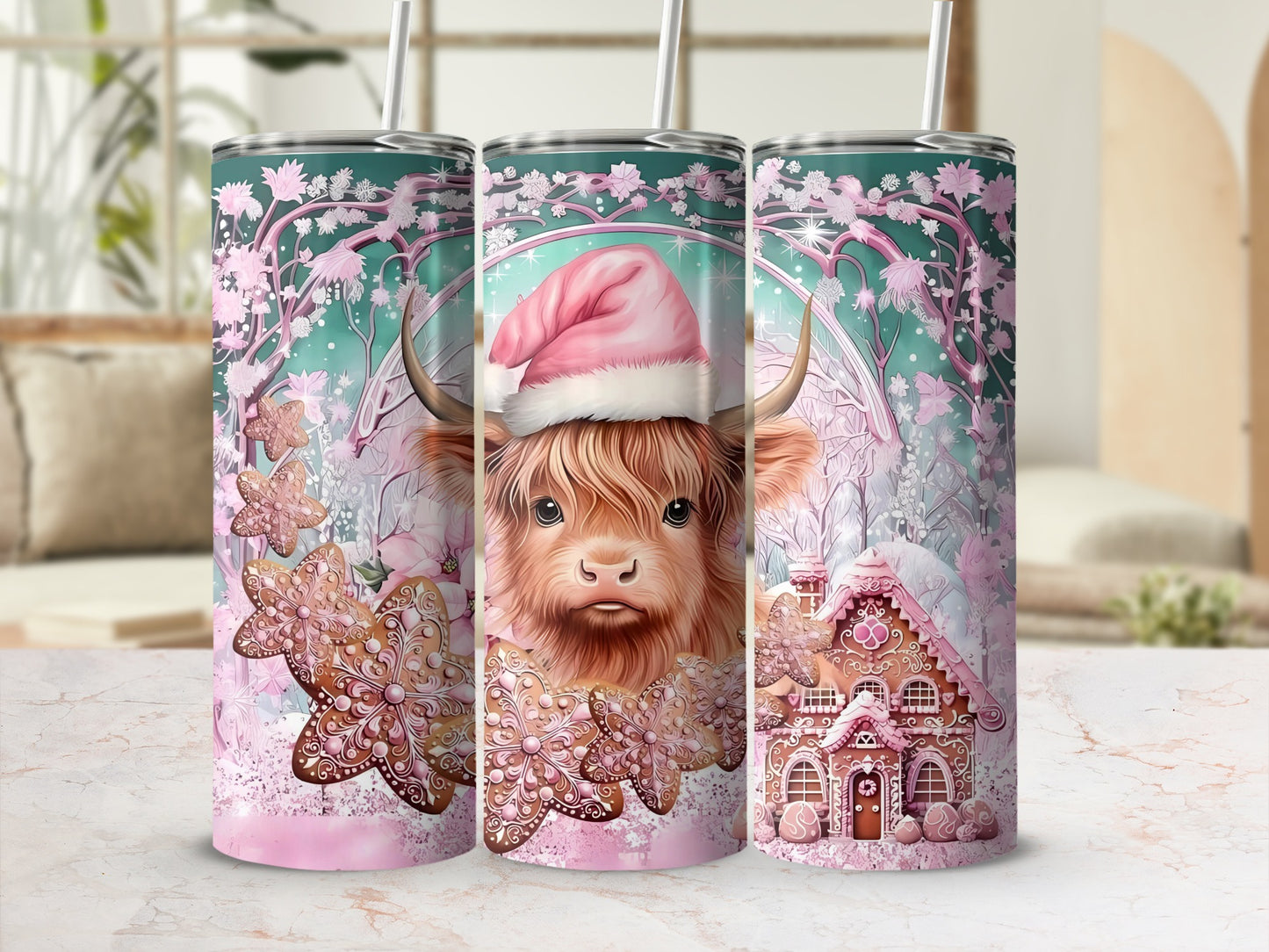 Christmas Highland Cow Gingerbread Skinny Tumbler Cup