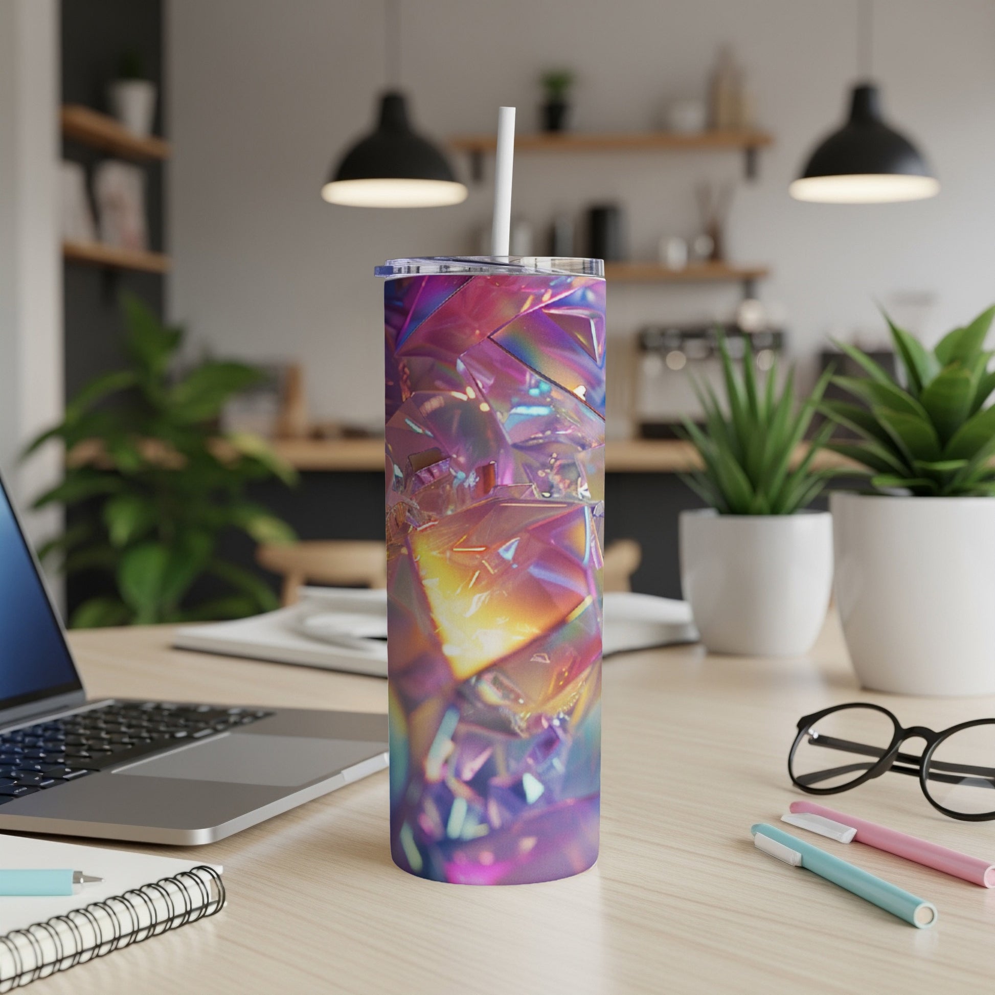 Iridescent tumbler with geometric facets on a desk with a laptop.
