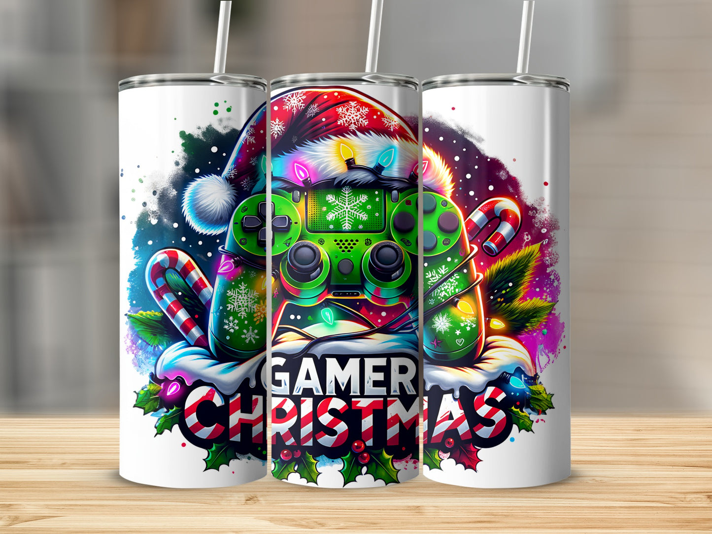 Green controller with Santa hat and Christmas lights, "Gamer Christmas" text.