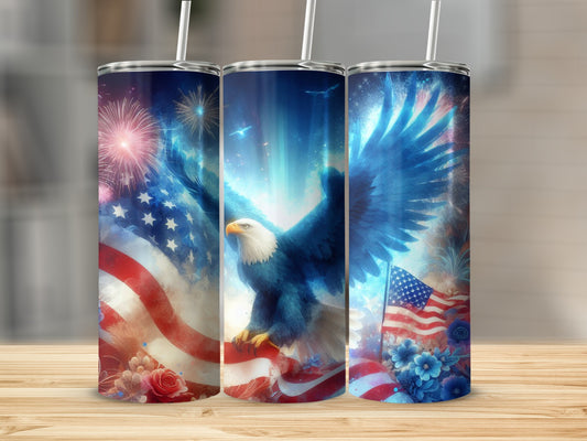 Eagle and American flag with fireworks, patriotic tumbler.