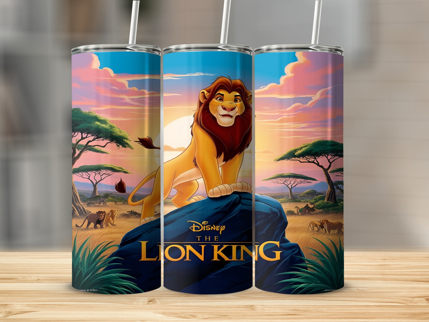 The Lion King tumbler with Simba on Pride Rock.