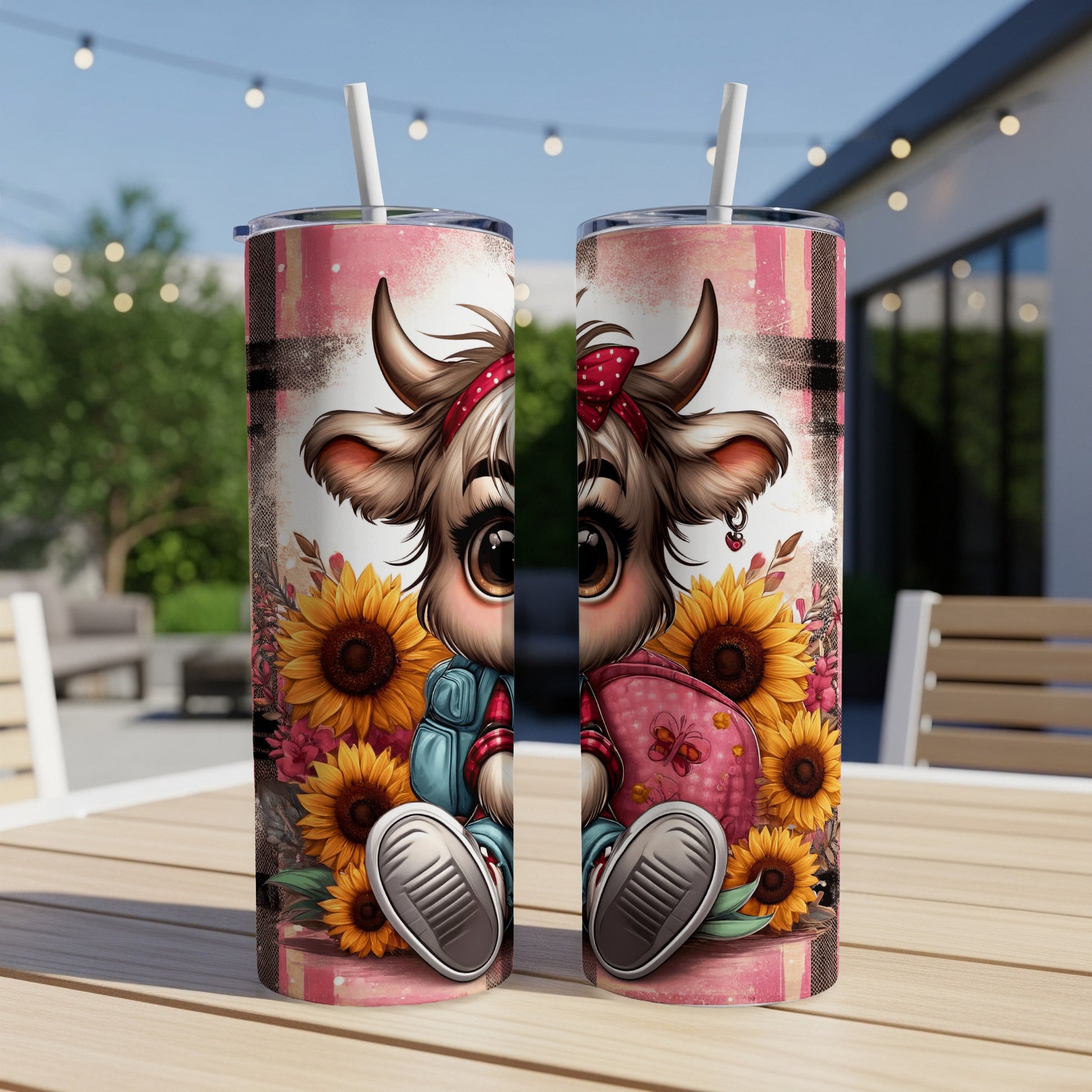 Cute cartoon cow with sunflowers and backpack on a tumbler.