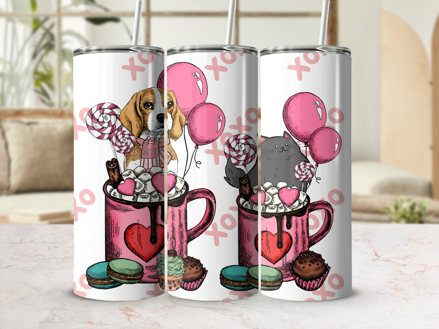 Cute Pet Illustration Tumbler with Balloons and Candy