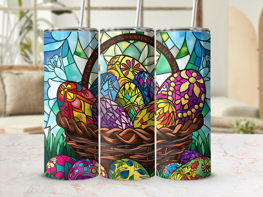 Easter eggs in a woven basket, stained glass design on tumblers.
