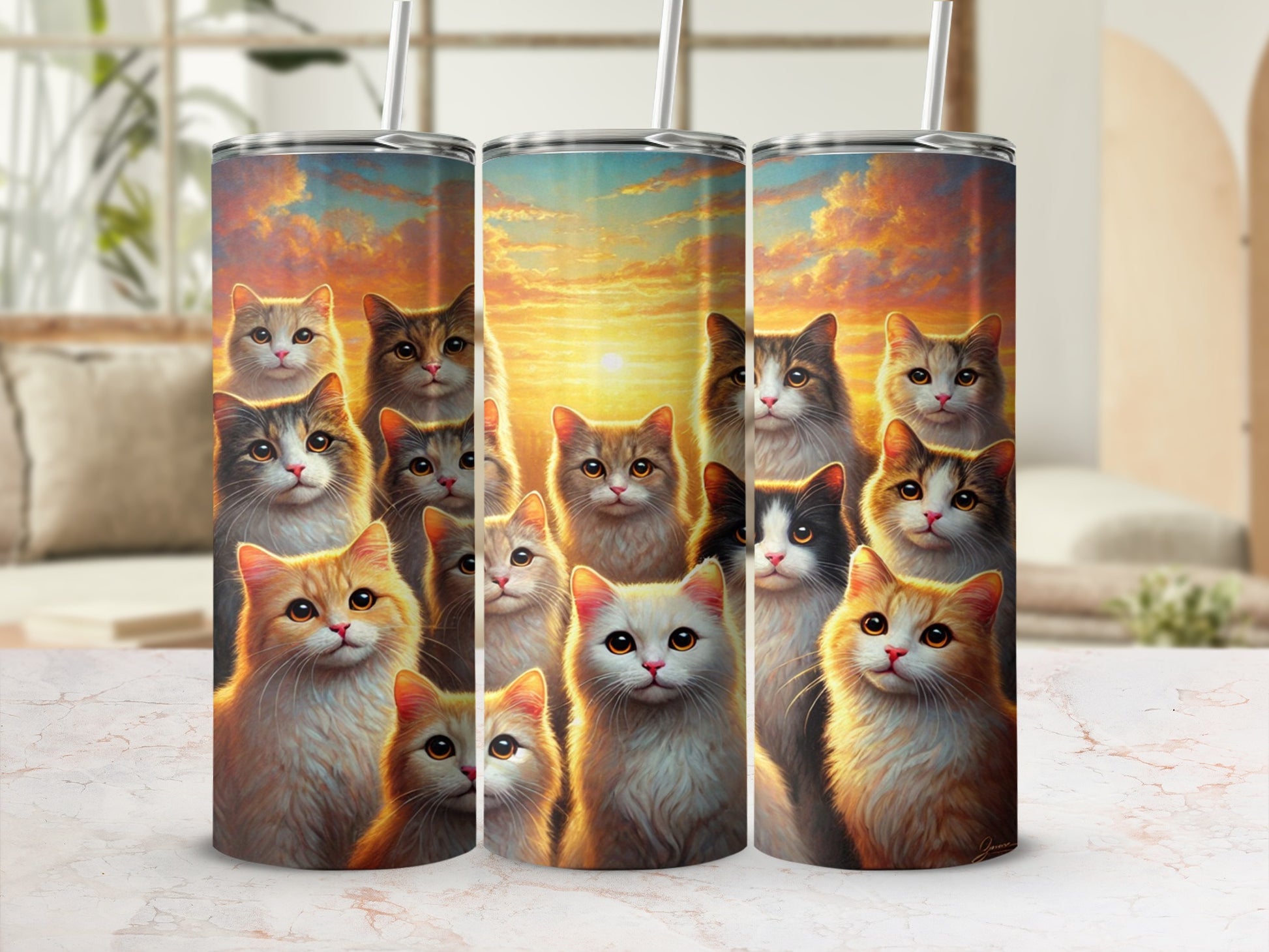 Cute Cat Family Sunset Design Insulated Tumbler