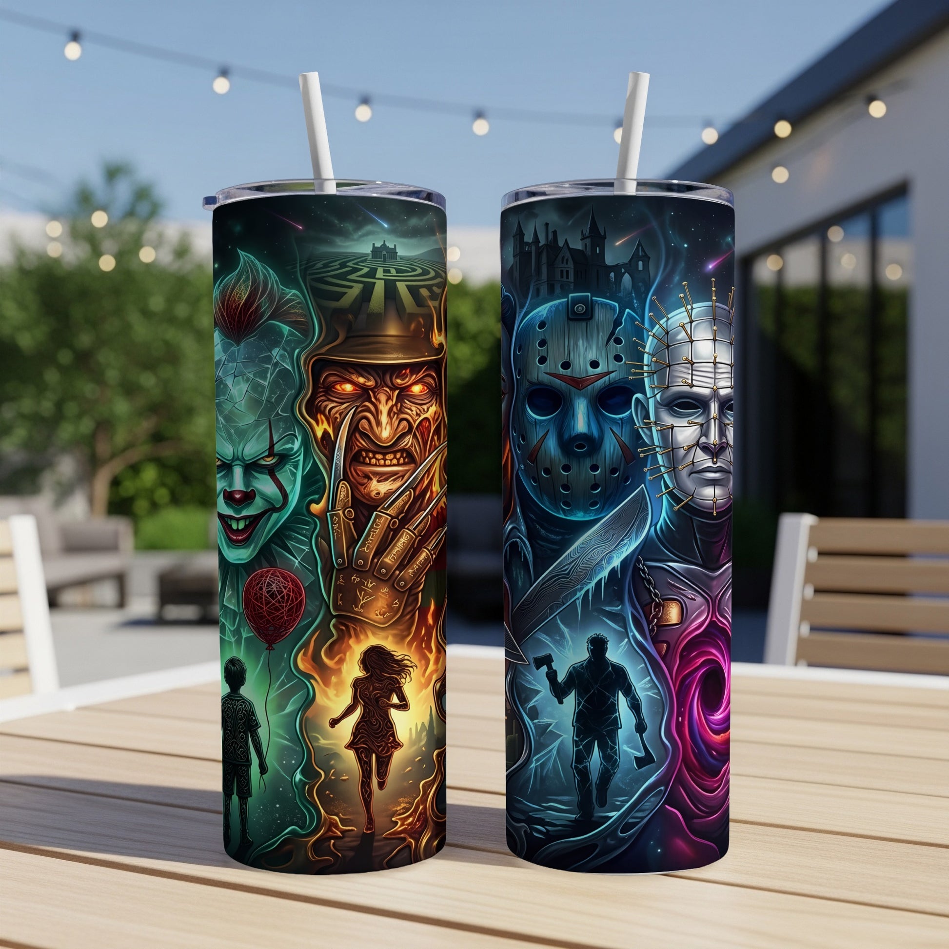 Two tumblers featuring horror icons Freddy Krueger, Pennywise, Jason Voorhees, and Pinhead.