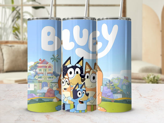 Bluey Cartoon Family Design Tumbler with Straw
