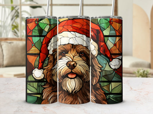 Dog in Santa hat with stained glass background on three tumblers.
