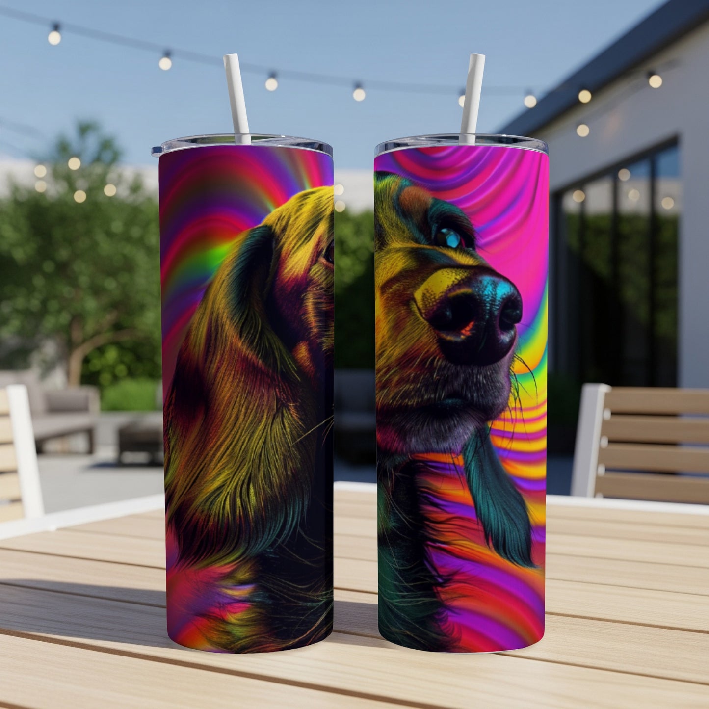 Abstract dog portrait on colorful psychedelic background tumbler.