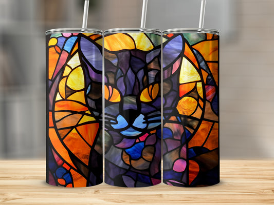Stained glass cat design on three cylindrical tumblers.