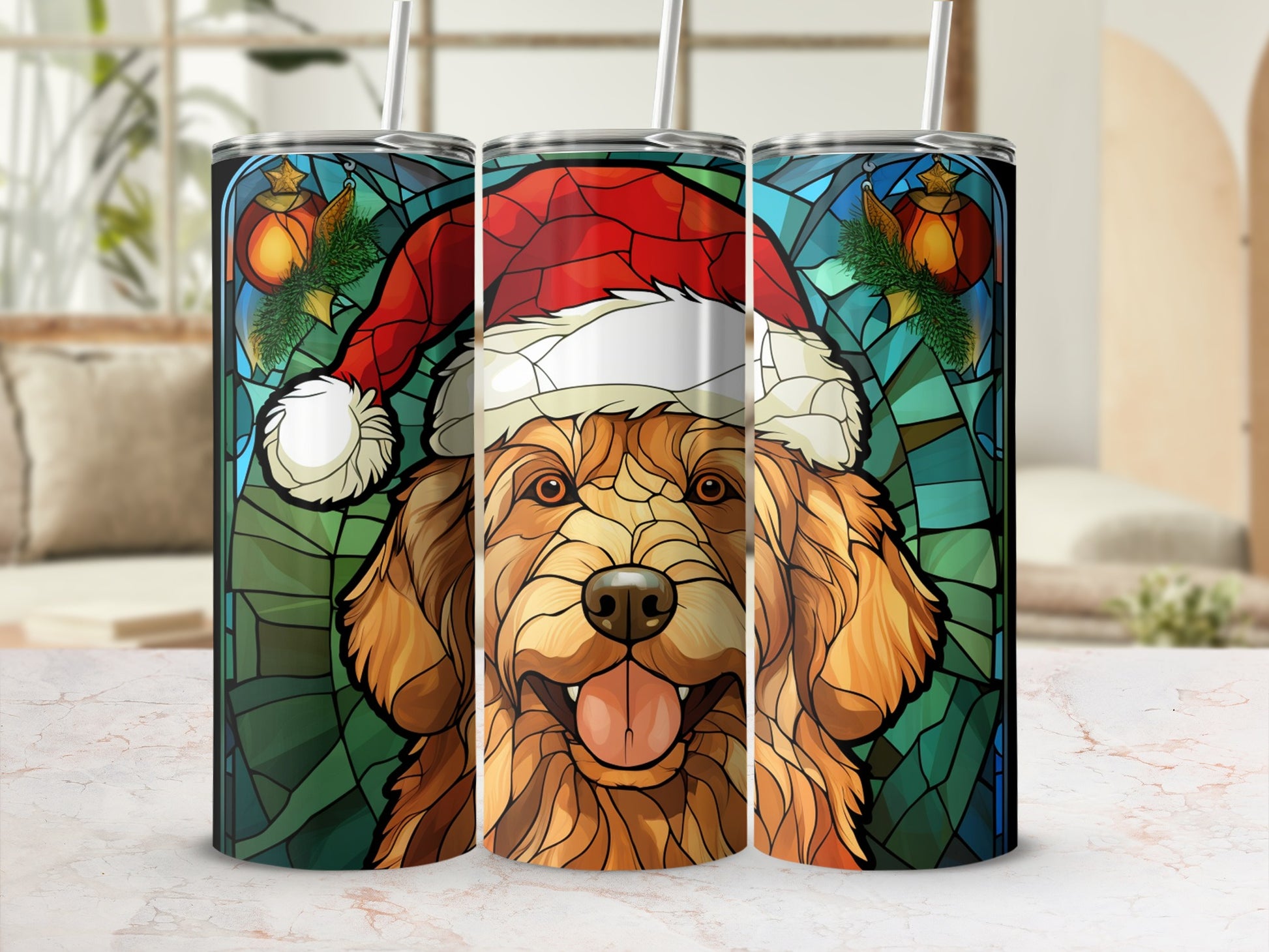 Golden retriever wearing Santa hat, stained glass art tumbler.
