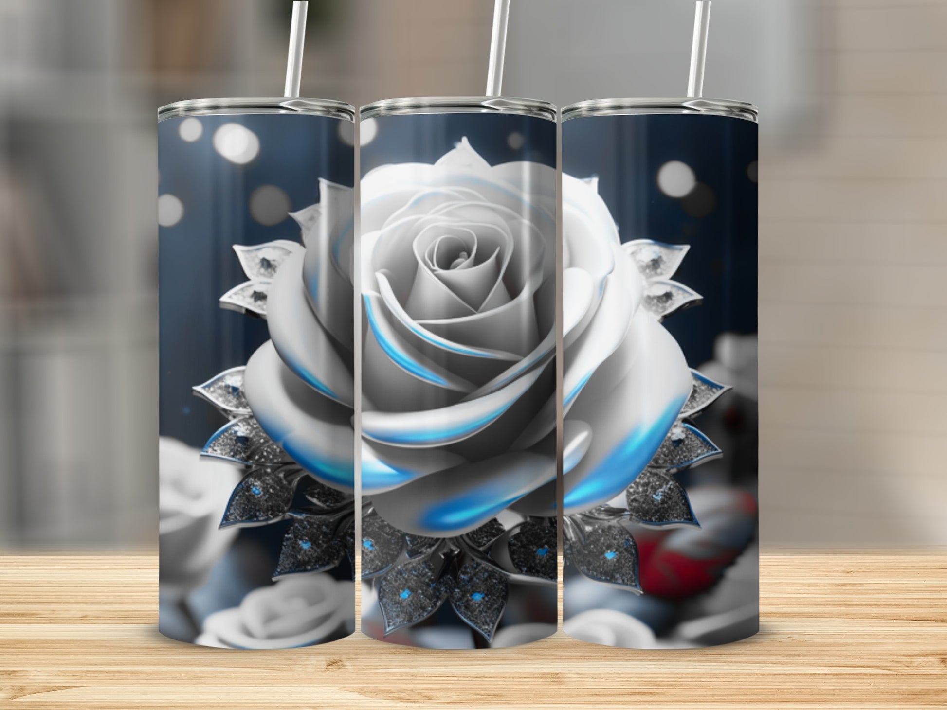 Triptych of a white rose with blue accents on a tumbler.