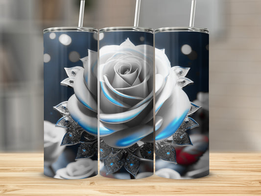 Triptych of a white rose with blue accents on a tumbler.