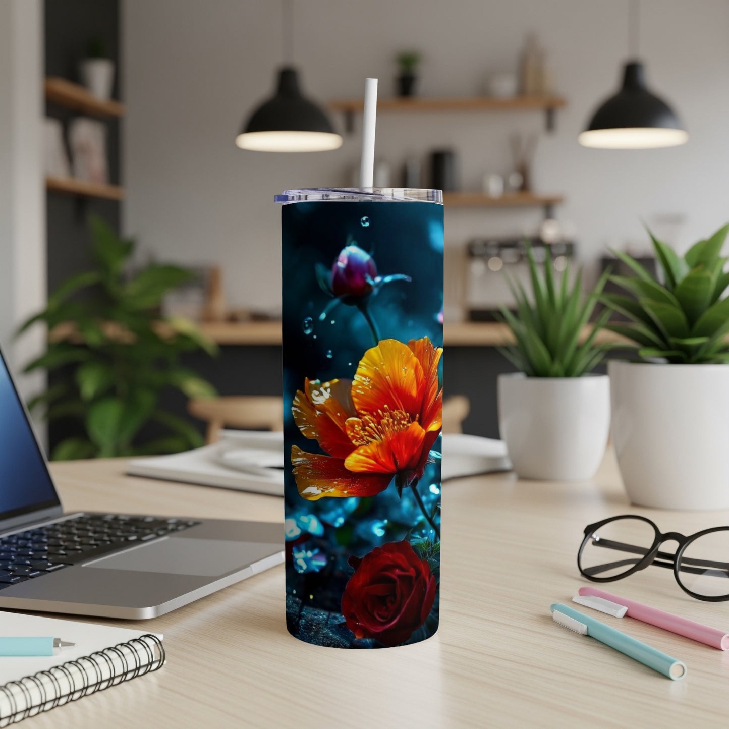Orange poppy and red rose illustration on a dark background, on a tumbler.