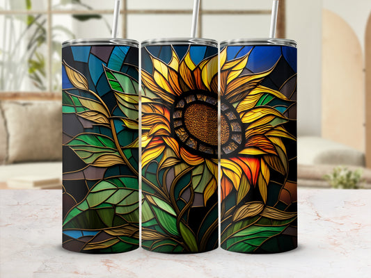 Sunflower stained glass design on three 20oz tumblers.