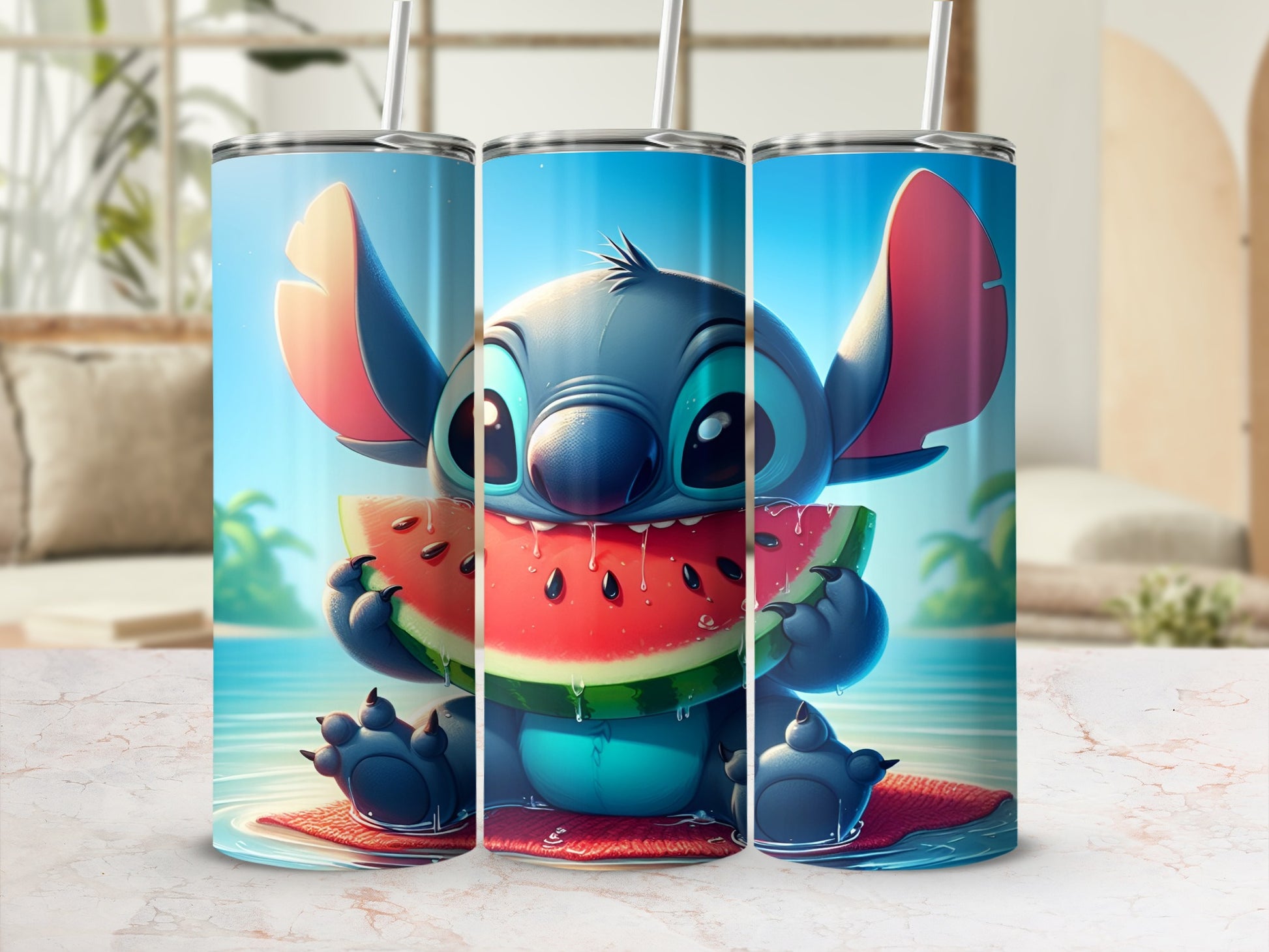 Stitch eating a slice of watermelon in water, surrounded by tropical scenery.
