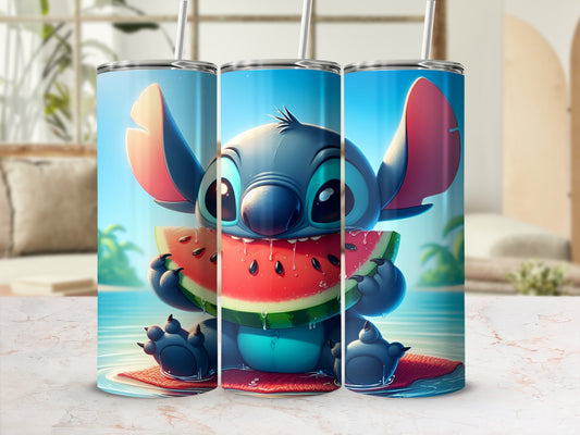 Stitch eating a slice of watermelon in water, surrounded by tropical scenery.