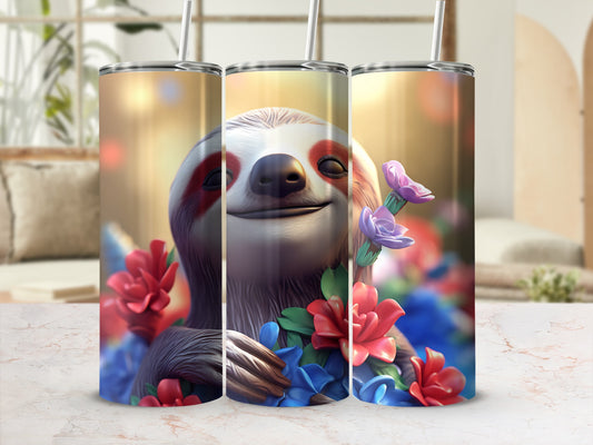 Three tumblers featuring a smiling sloth surrounded by colorful flowers.