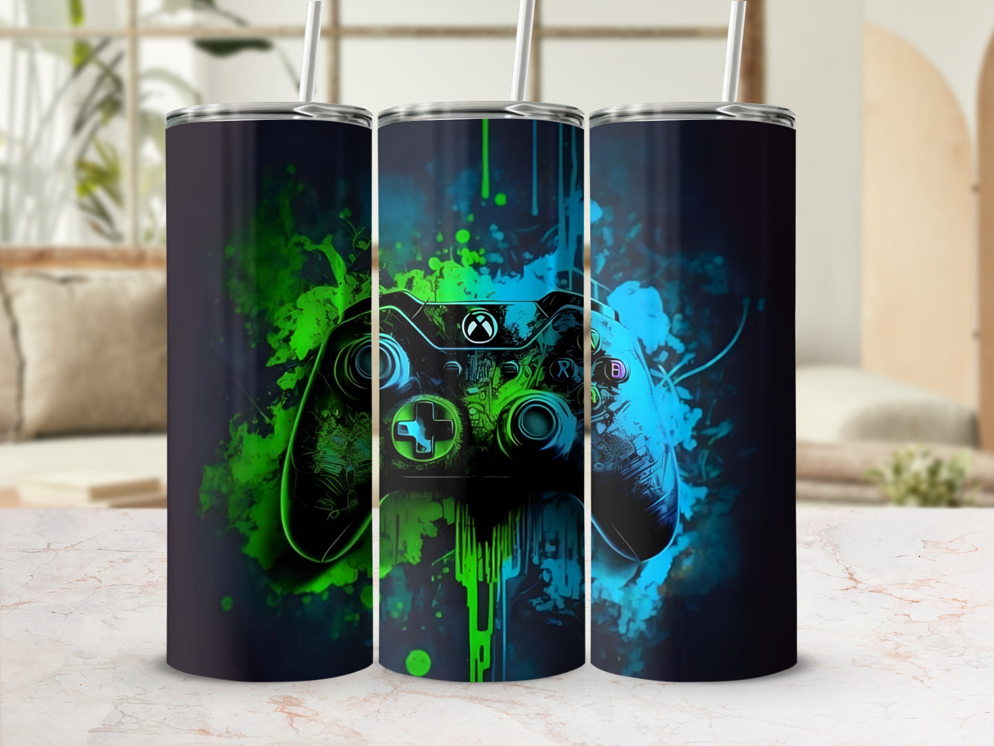 Video game controller with green and blue abstract paint splatter design.