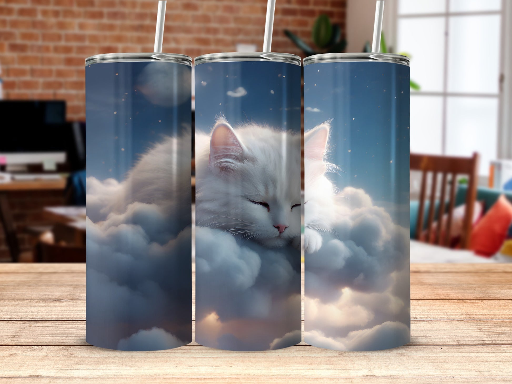 White Sleeping Cat Clouds Starry Night Tumbler product type