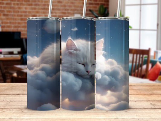 White Sleeping Cat Clouds Starry Night Tumbler product type