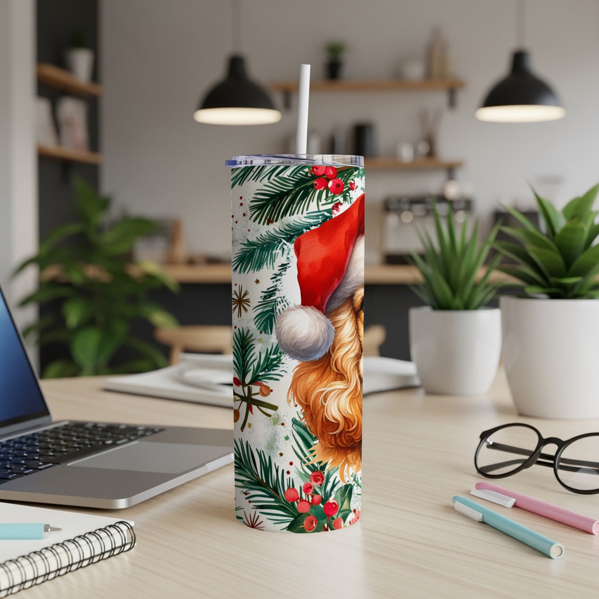 Christmas tumbler with fluffy dog and festive greenery.