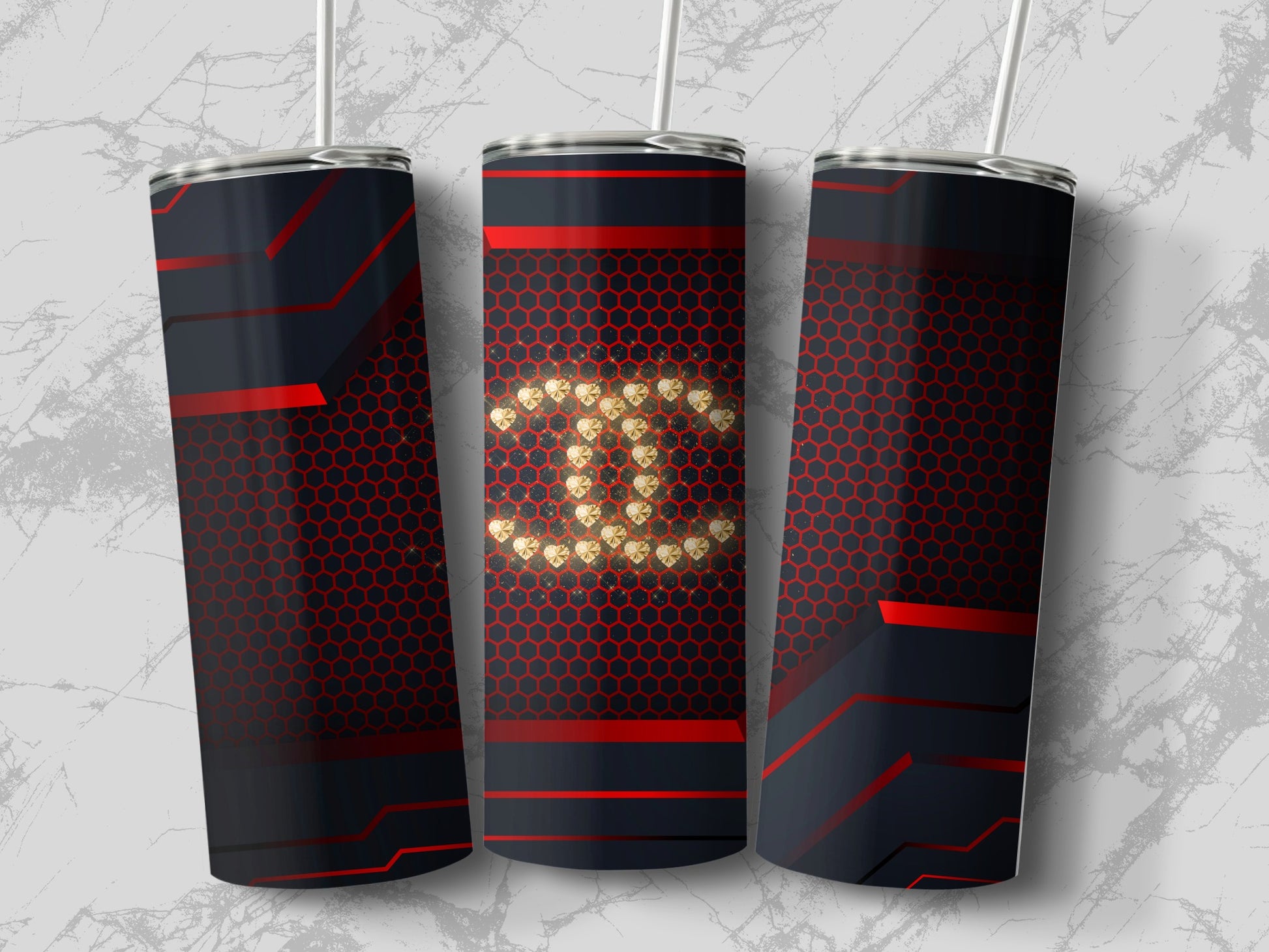 Sleek Black and Red Hexagon Pattern Tumbler Design
