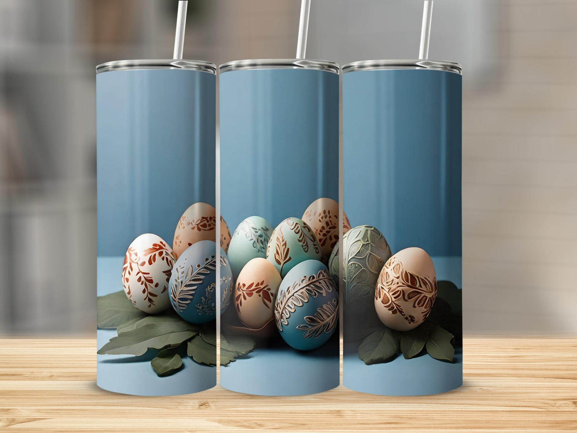 Decorated Eggs Leaves Blue Background Tumbler product type