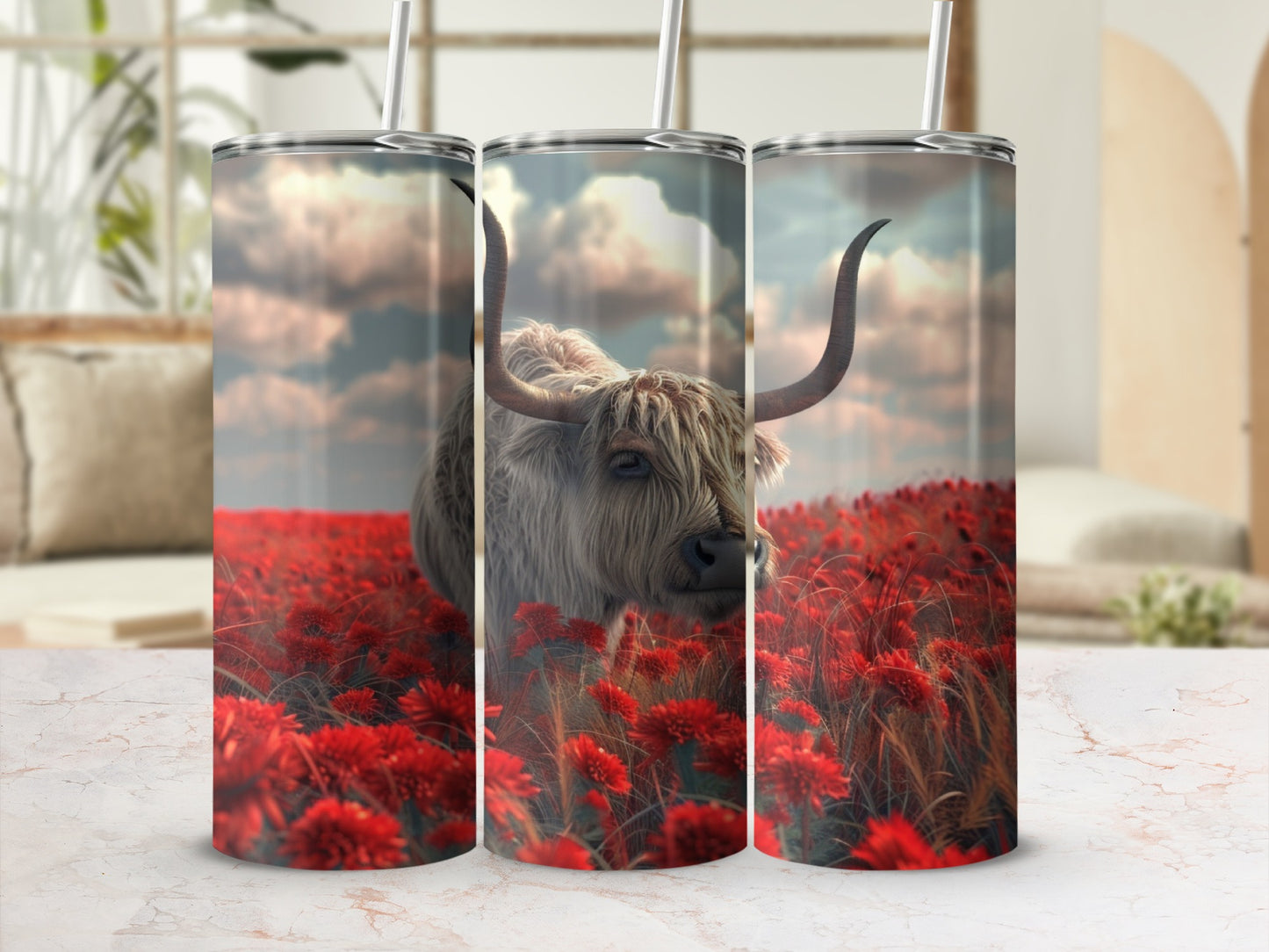 Highland cow in a field of red flowers, on a tumbler.