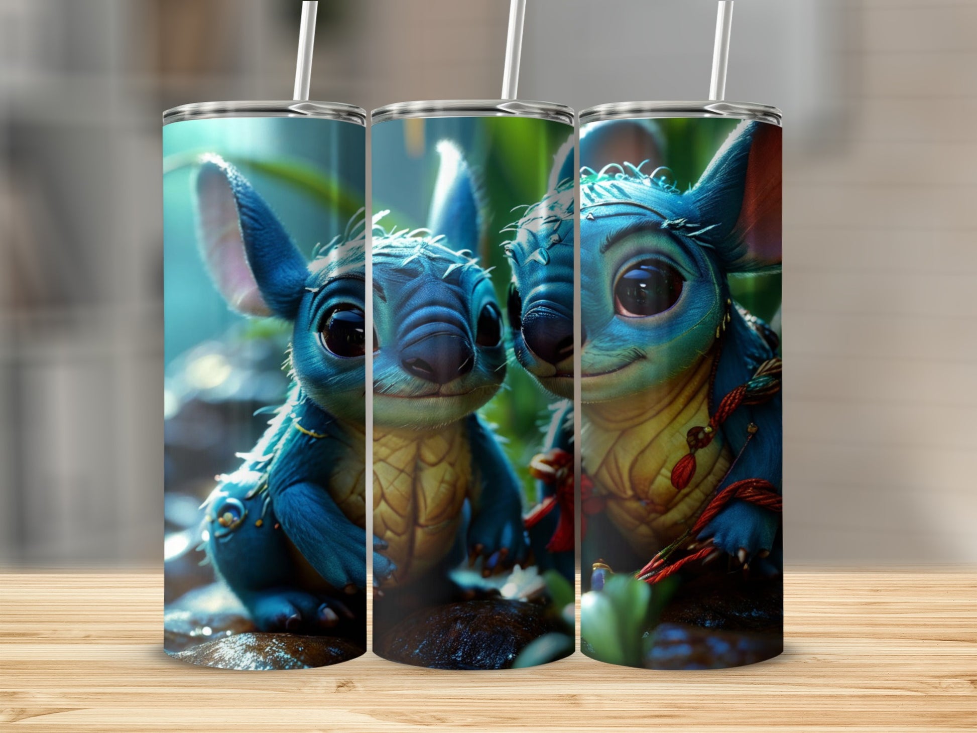 Three blue Stitch characters with large ears and straw cups on a wooden surface.
