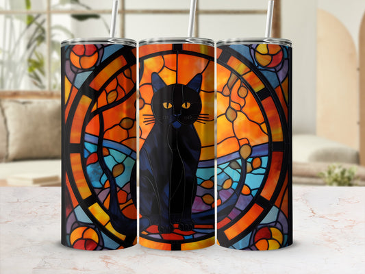 Black cat on stained glass pattern tumbler cup.