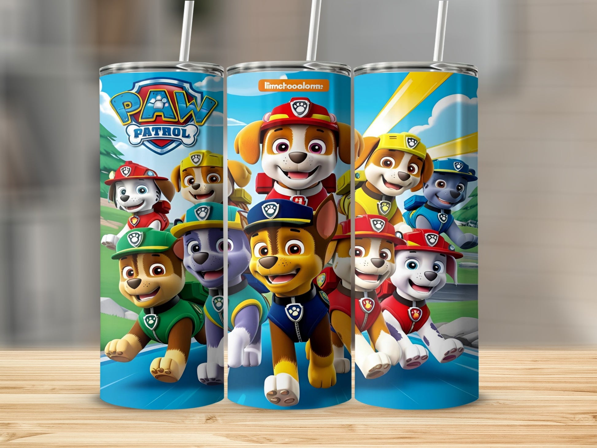 Paw Patrol dogs on a blue and yellow cylindrical tumbler.