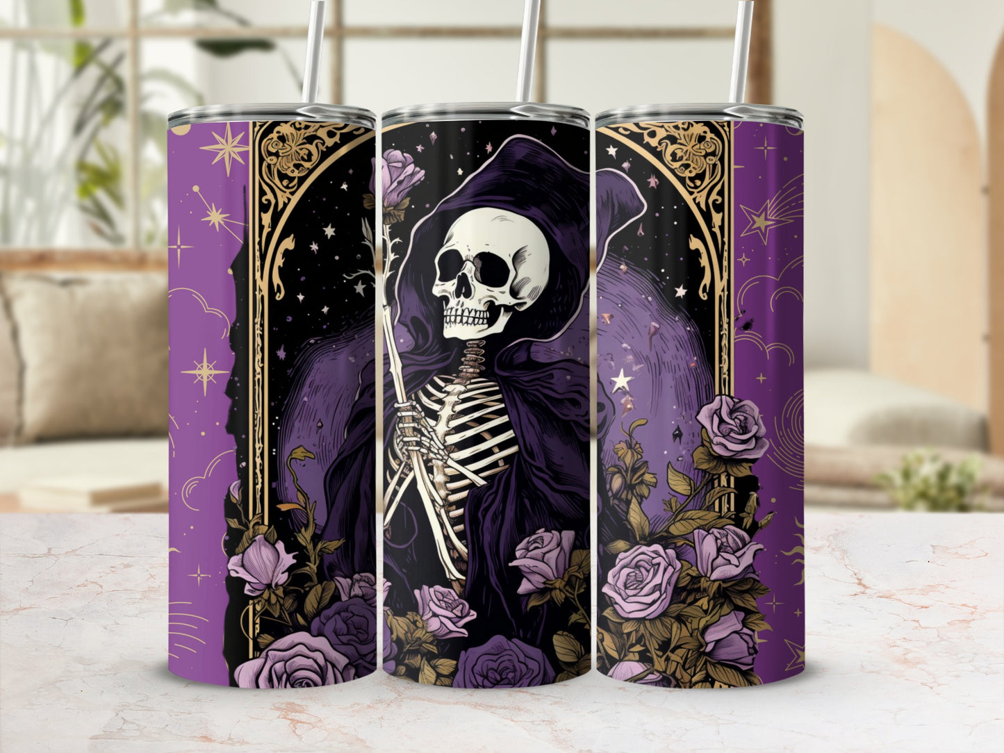 Grim Reaper with Purple Roses on Tumbler Product