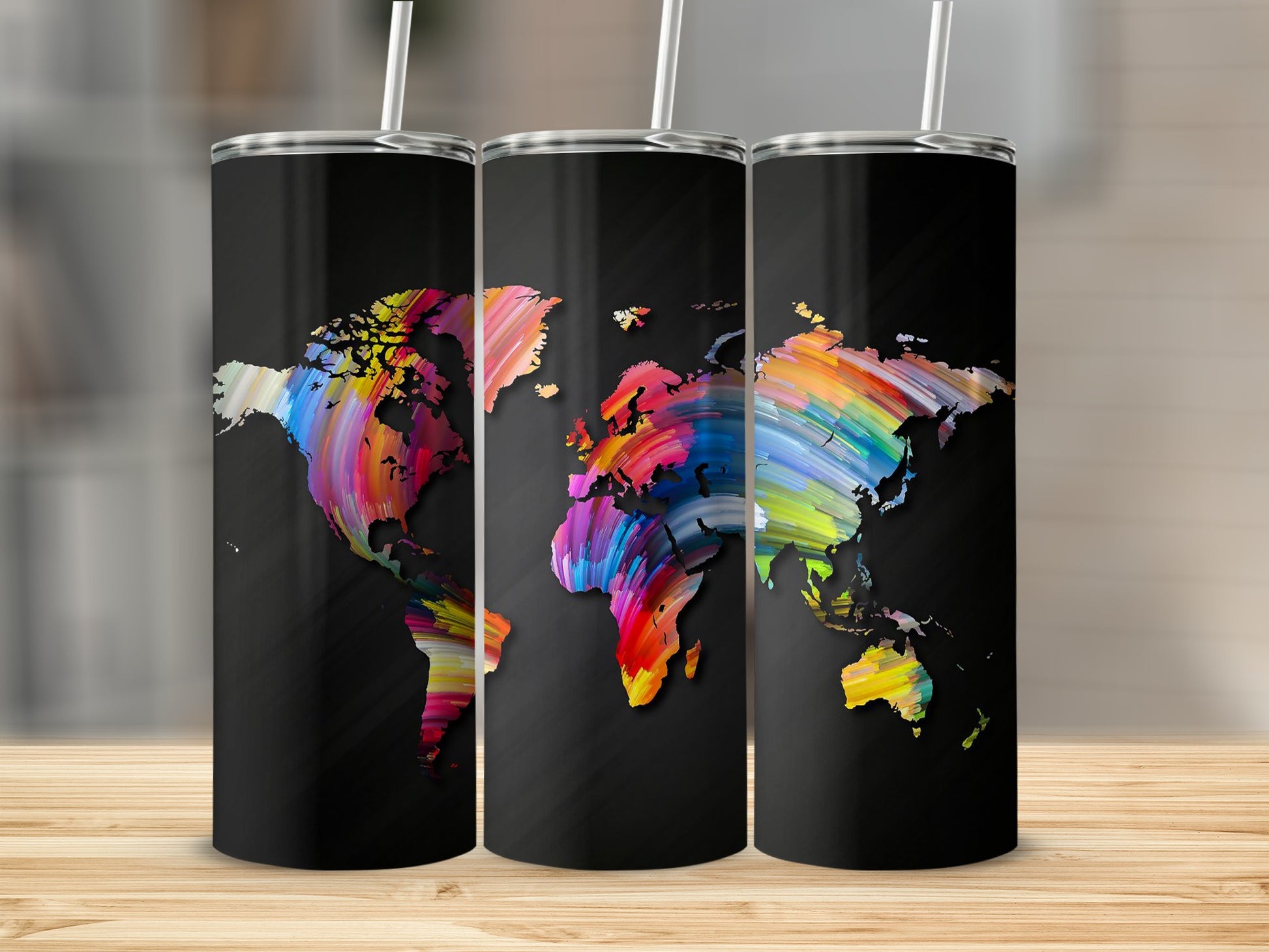 Three tumblers showcasing a colorful, abstract world map on a black background.