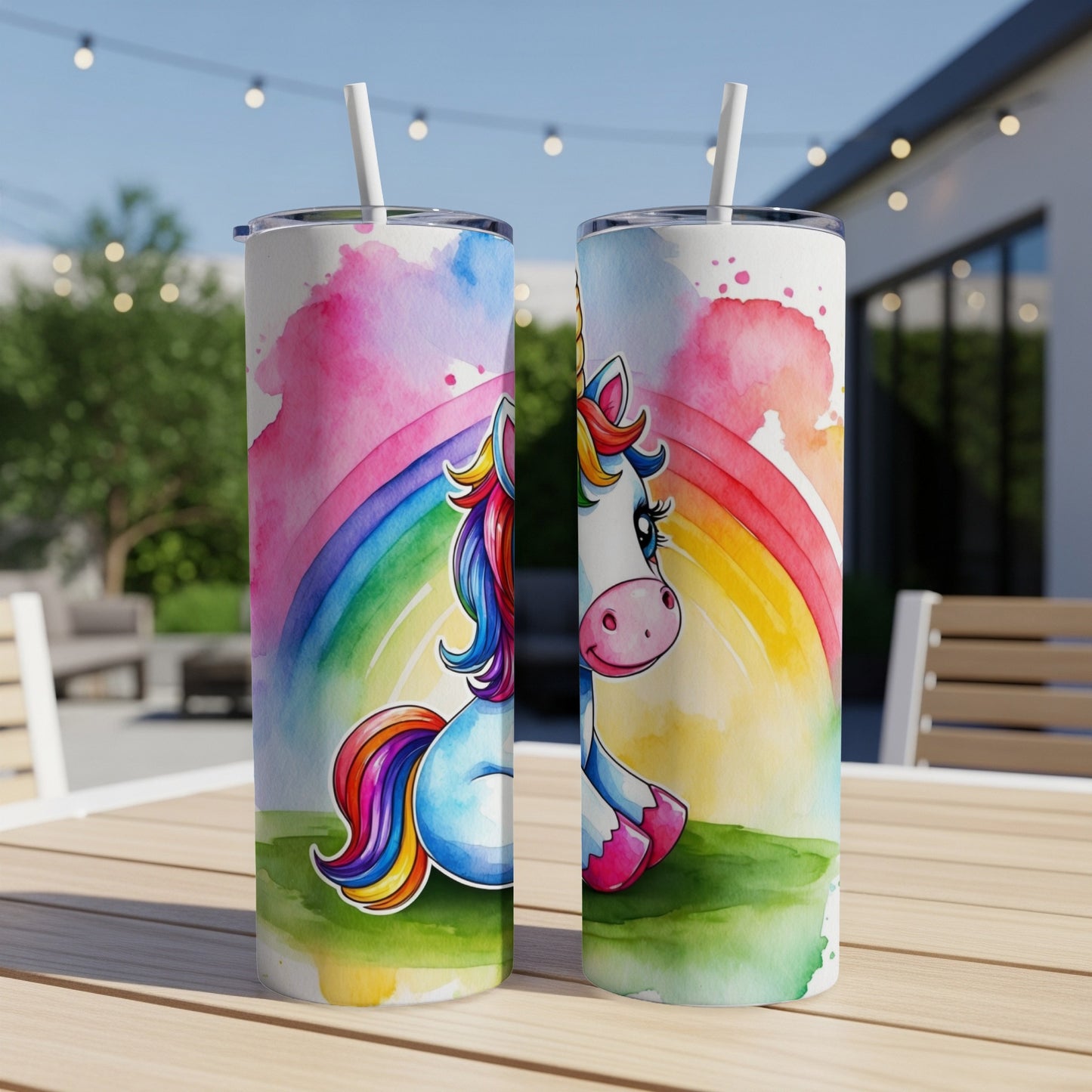 Two tumblers with a cartoon unicorn and rainbow illustration.