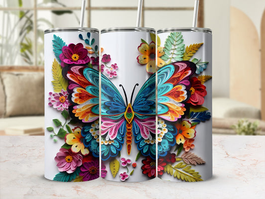 Three tumblers featuring a colorful butterfly and floral design.