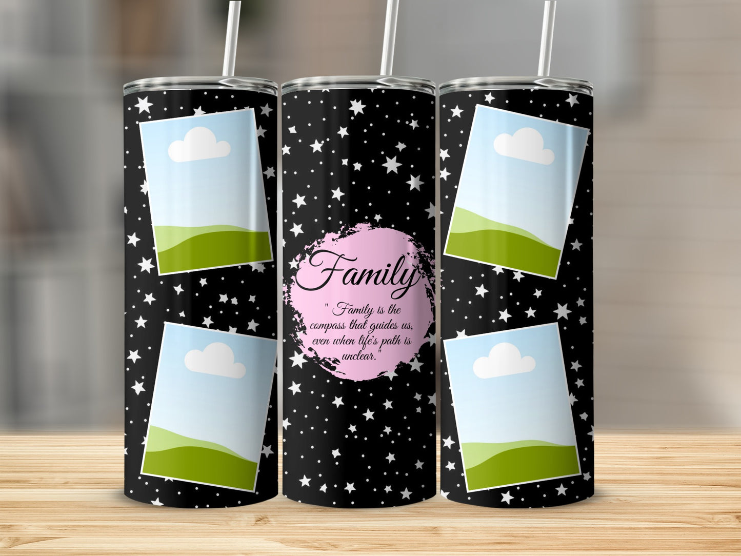 Black tumbler with stars, photo placeholders, and "Family" quote.