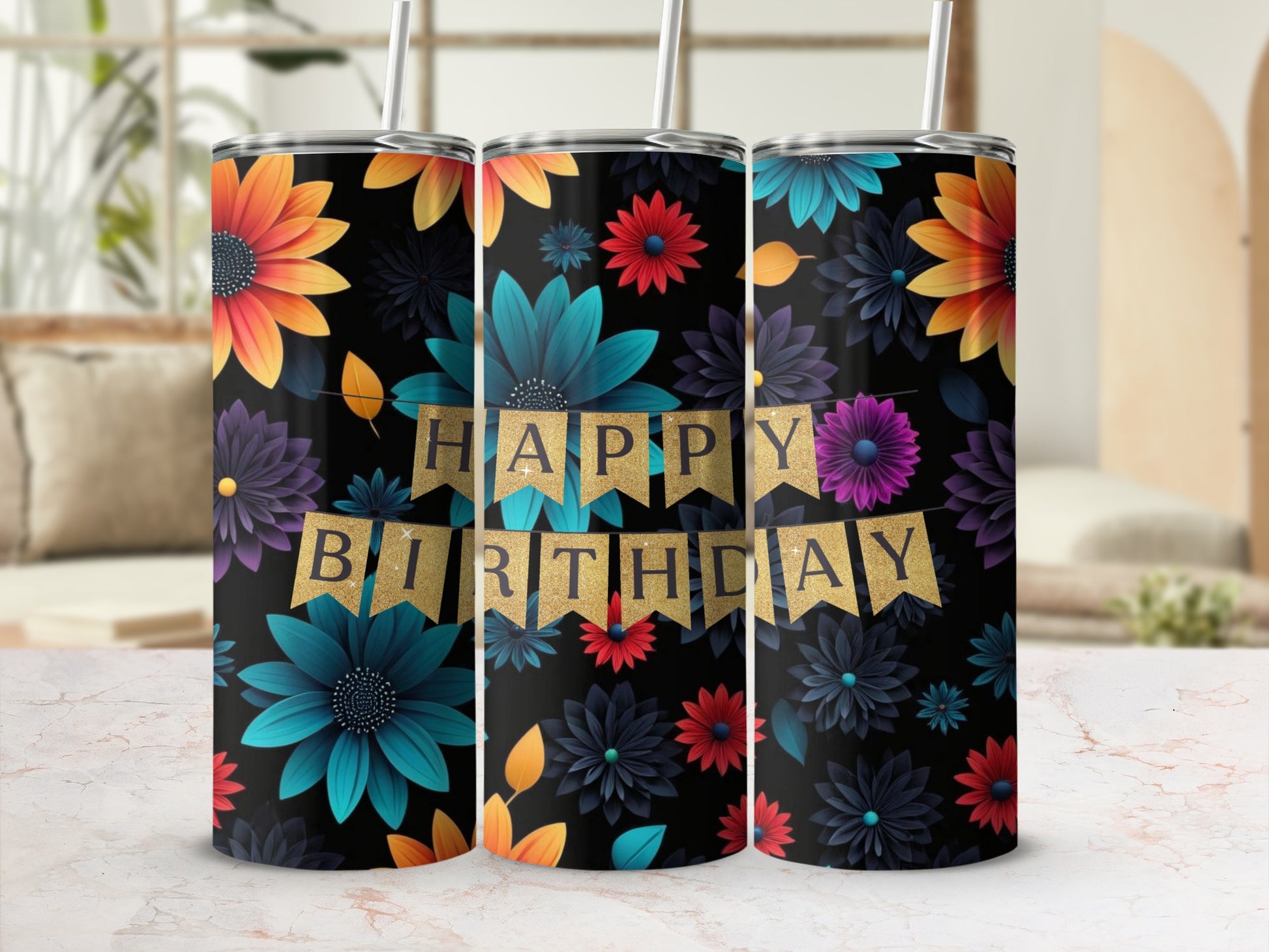 Black tumbler with colorful flowers and "HAPPY BIRTHDAY" banner.