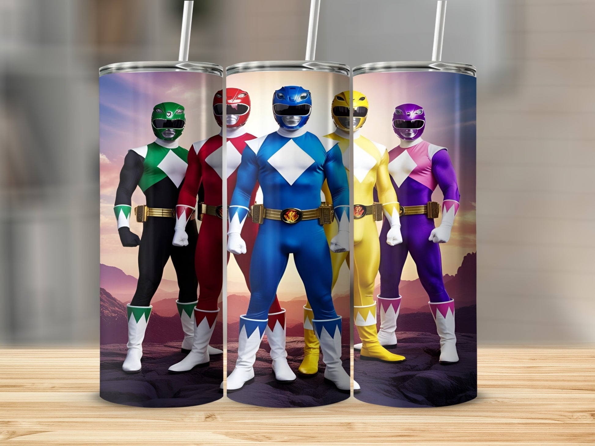Five Power Rangers in full costume standing in a line against a rocky landscape.