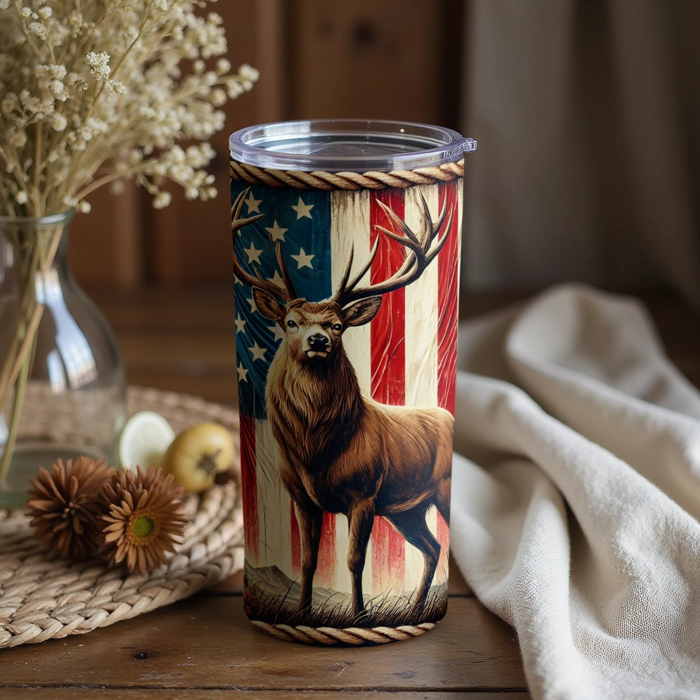 Majestic Deer with American Flag Tumbler Design