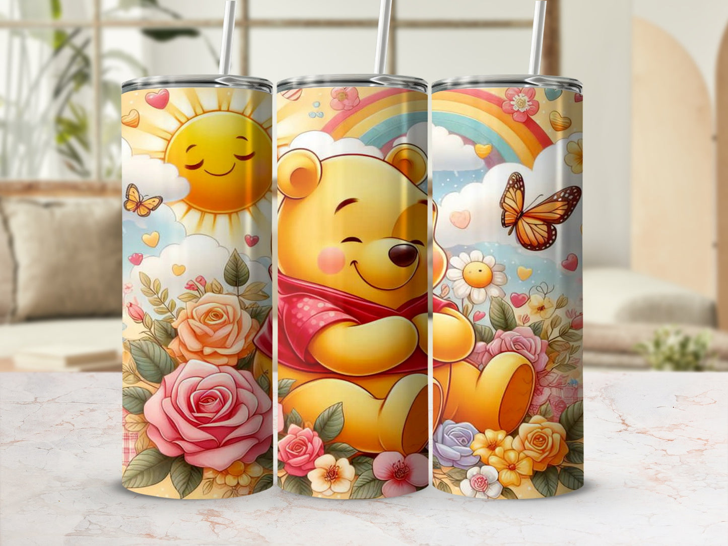 Cute Cartoon Bear with Sun and Flowers Tumbler
