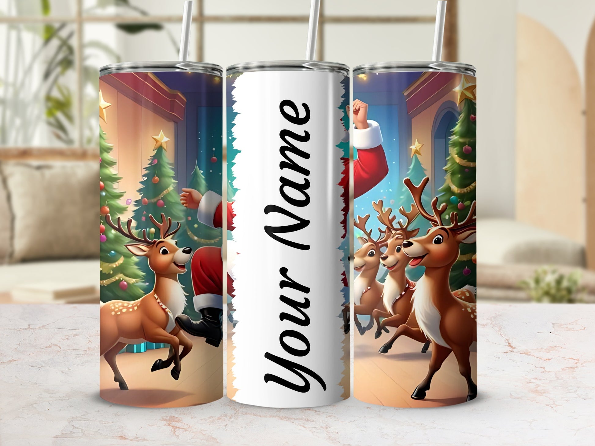 Personalized Christmas Reindeer and Santa Tumbler