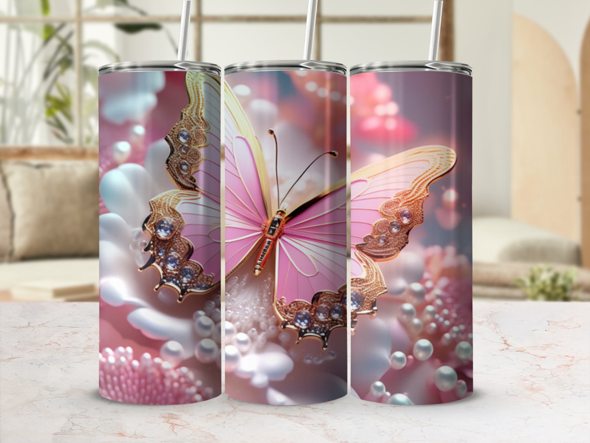Pink butterfly with jeweled wings on floral background with pearls.