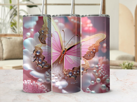 Pink butterfly with jeweled wings on floral background with pearls.
