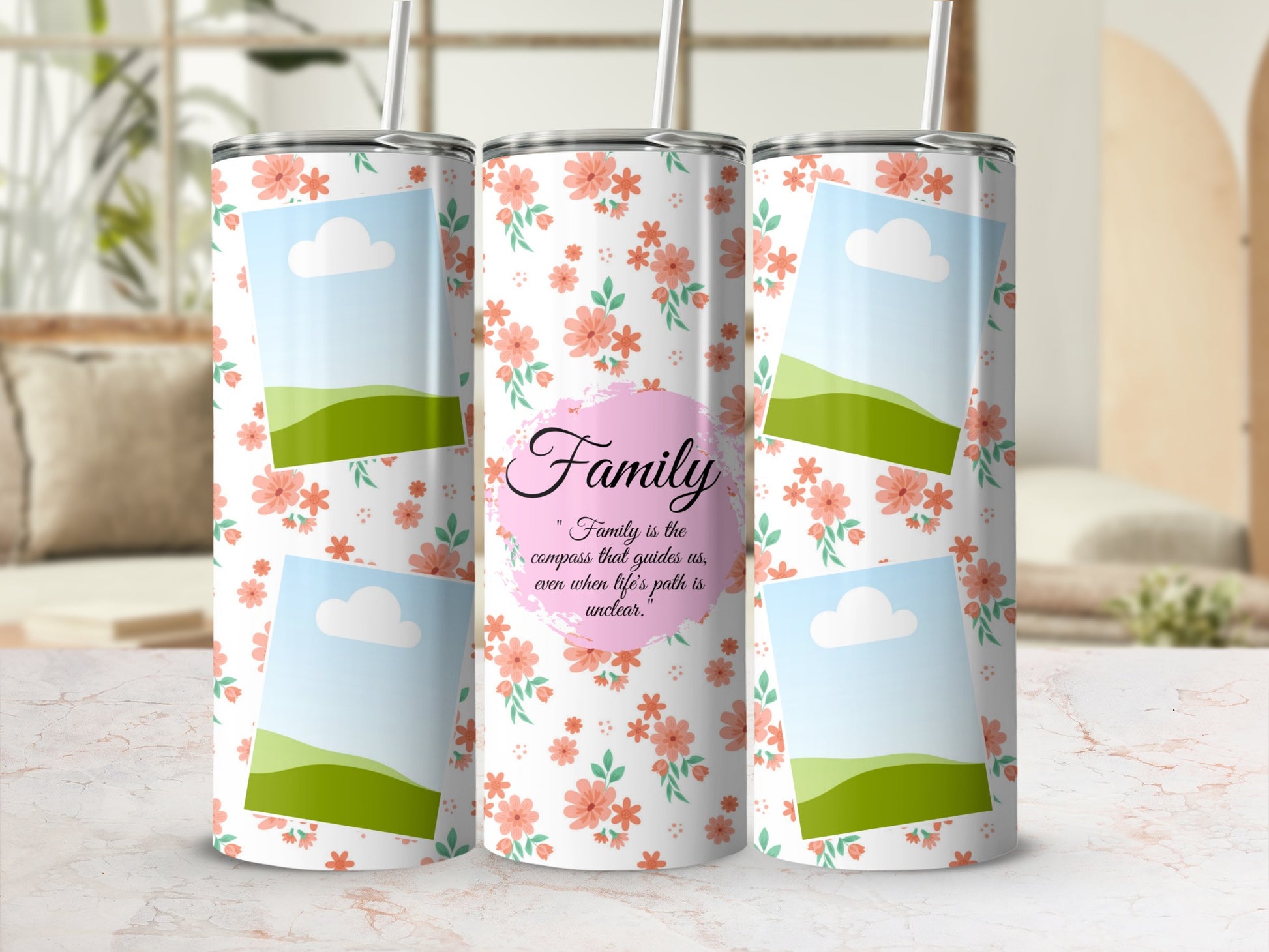 Three tumblers with floral pattern and a "Family" quote on pink background.