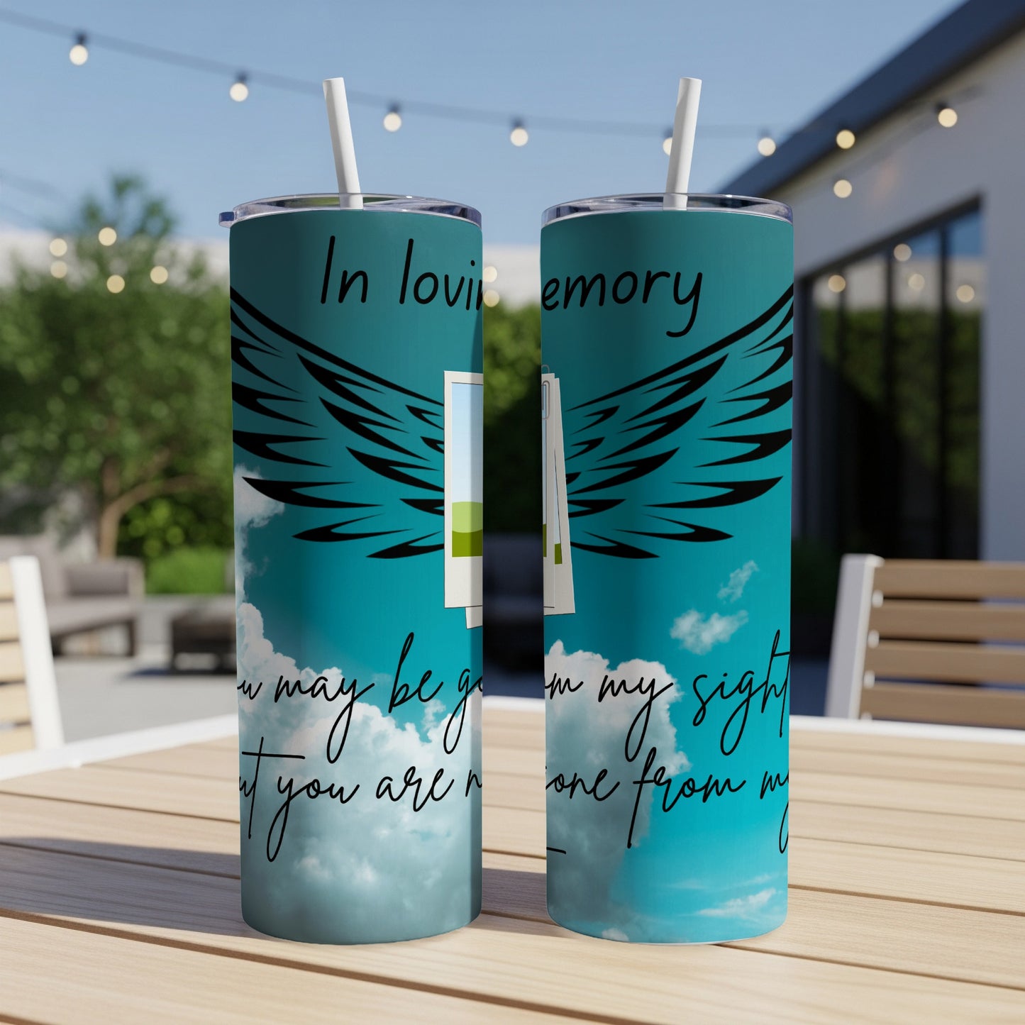 Two tumblers with "In loving memory" text and angel wings.