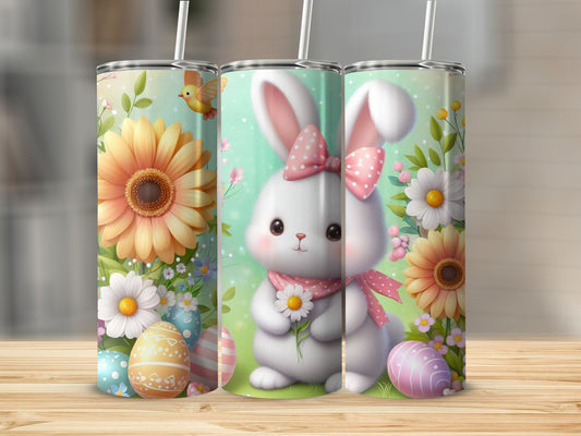 Easter bunny with flowers, painted eggs, and a bird.