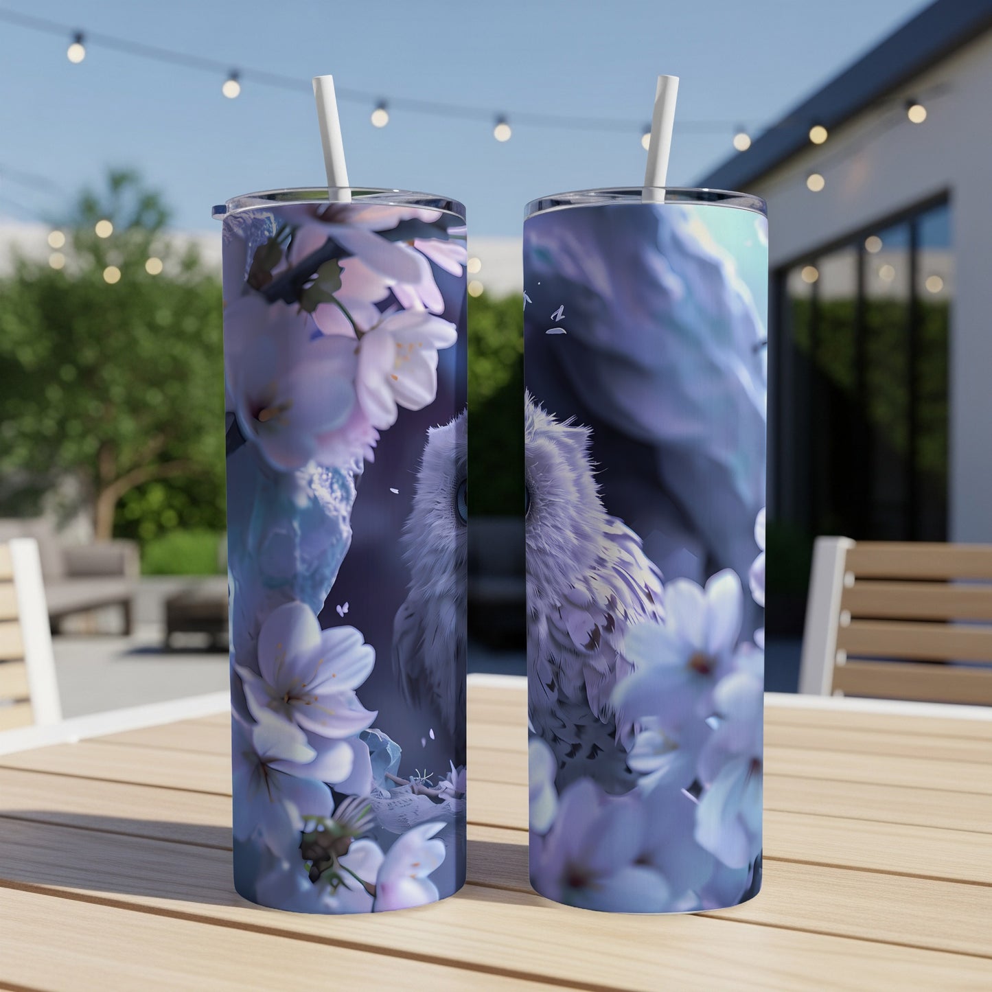 Two tall tumblers with a white owl and pink cherry blossoms design.