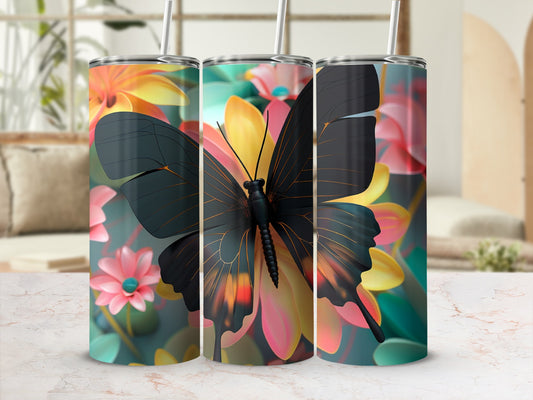 Black butterfly on a floral pattern tumbler.