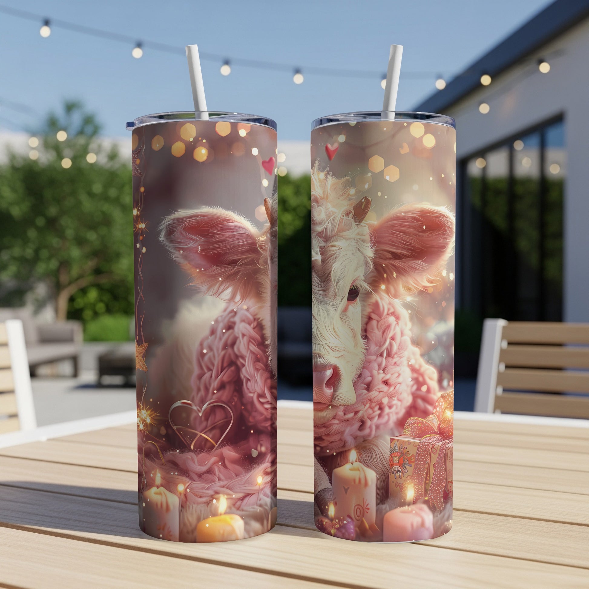 Fluffy cow wearing pink scarf, surrounded by candles and gifts.